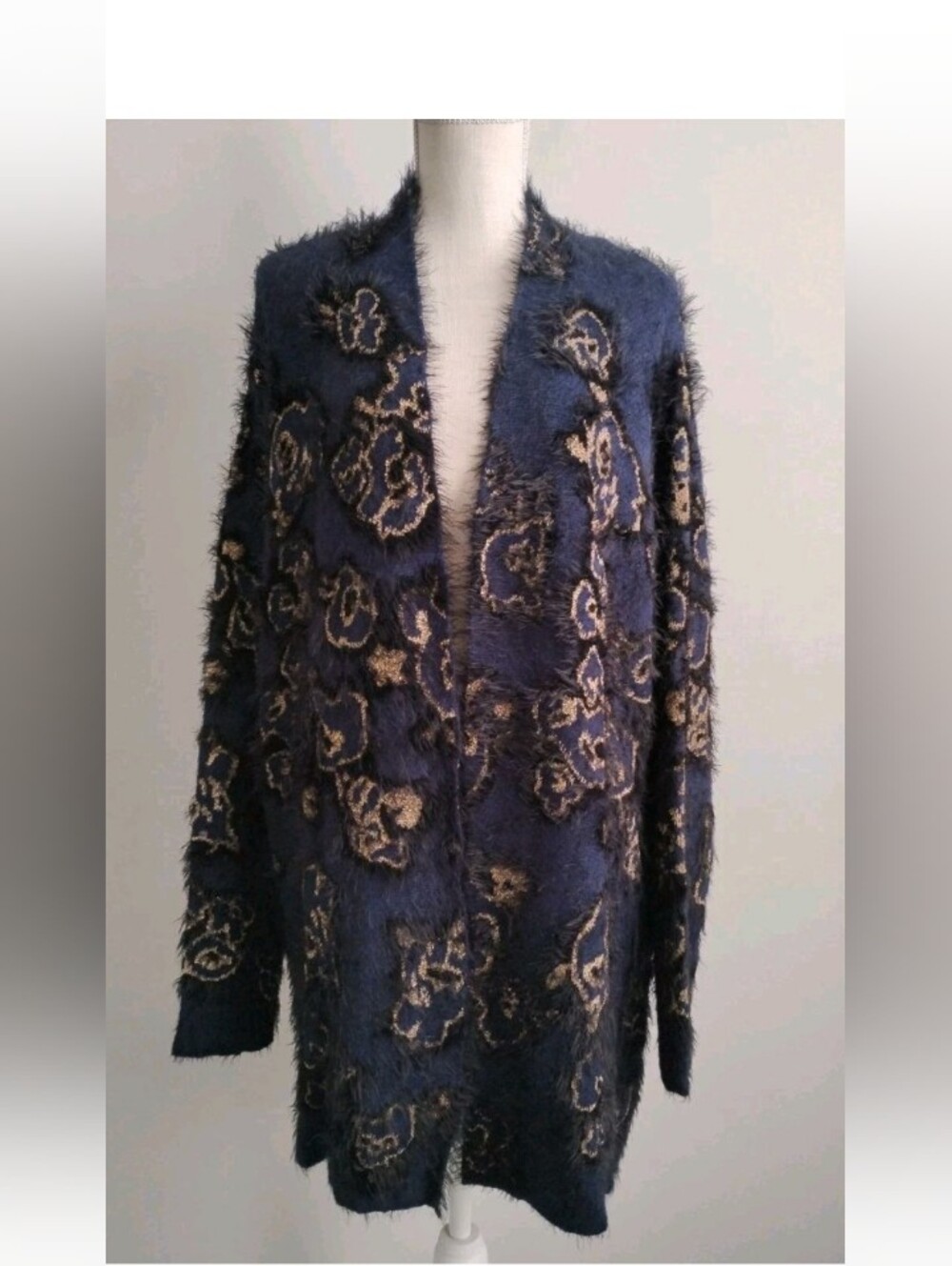 Lane Bryant Eyelash Rose Floral Open Cardigan Blue Metallic Gold Sweater 18/20